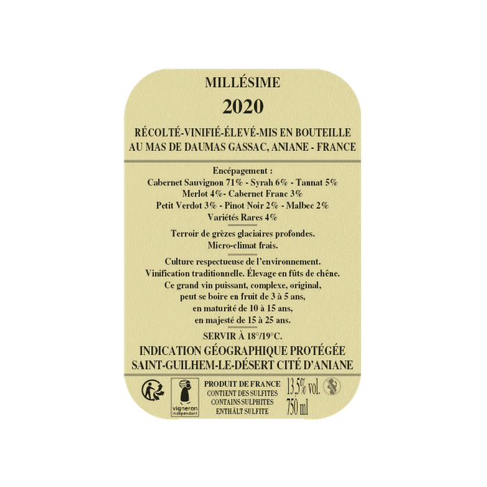 Mas de Daumas Gassac rouge 2020 contre etiquette