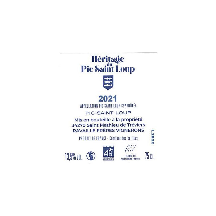Héritage du Pic Saint-Loup "Tour de Pierres" Rouge 2021  contre etiquette
