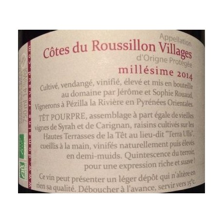 Domaine Rouaud "Têt Pourpre" rouge 2016 contre etiquette