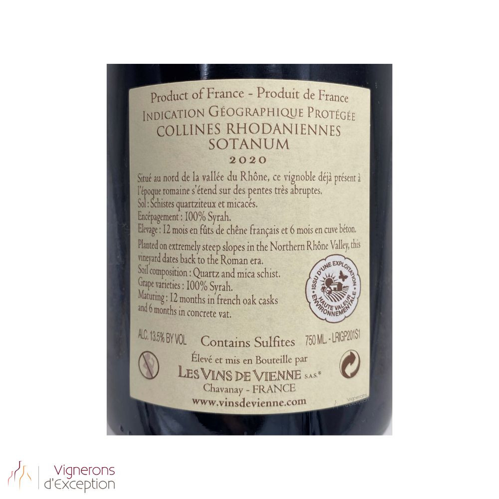 Les Vins de Vienne Sotanum rouge 2020 contre étiquette