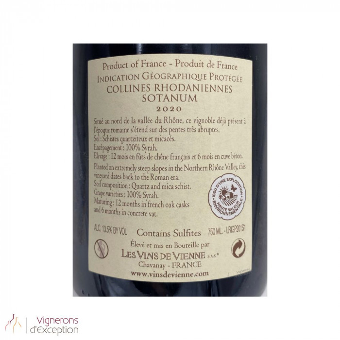 Les Vins de Vienne Sotanum rouge 2020 contre étiquette