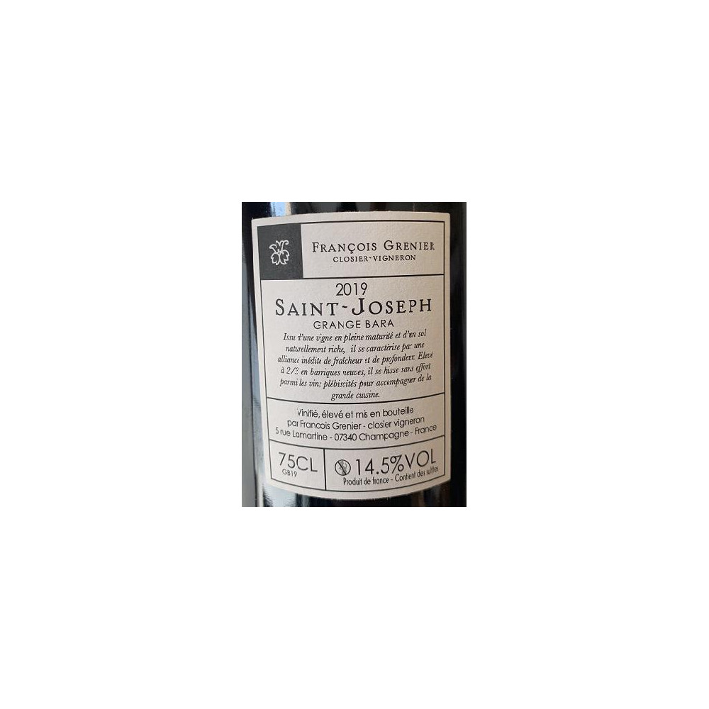 Domaine François Grenier Saint Joseph "Grange Bara" rouge 2019 contre etiquette
