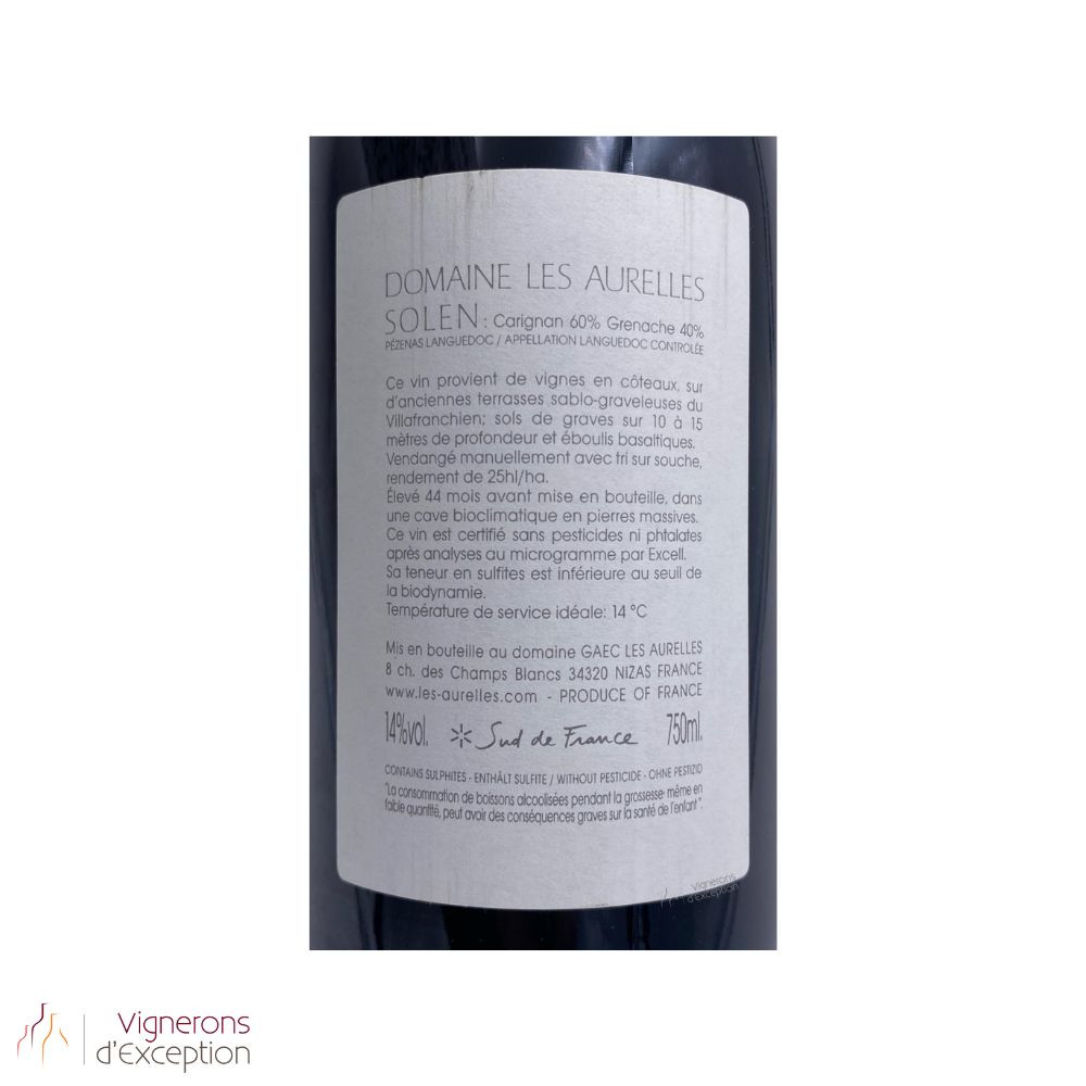 Domaine Les Aurelles Languedoc Pézenas "Solen" rouge 2015 étiquette