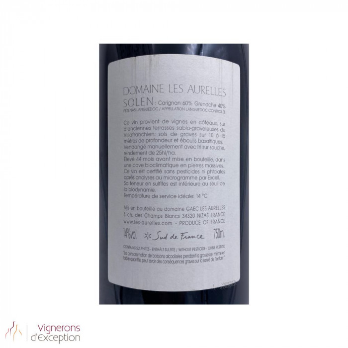 Domaine Les Aurelles Languedoc Pézenas "Solen" rouge 2015 étiquette