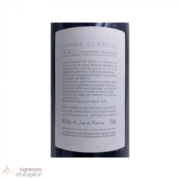 Domaine Les Aurelles Languedoc Pézenas "Aurel" rouge 2015 étiquette