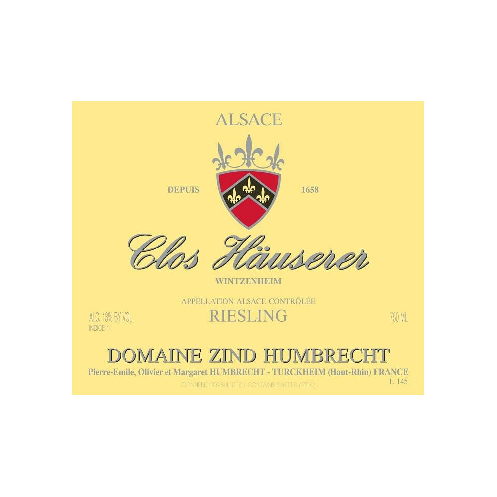 Domaine Zind-Humbrecht Riesling "Clos Häuserer" blanc sec 2021 etiquette
