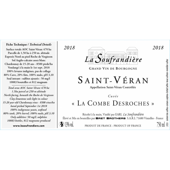 Bret Brothers La Soufrandière Saint-Véran "La Combe DesRoche" blanc sec 2021 etiquette