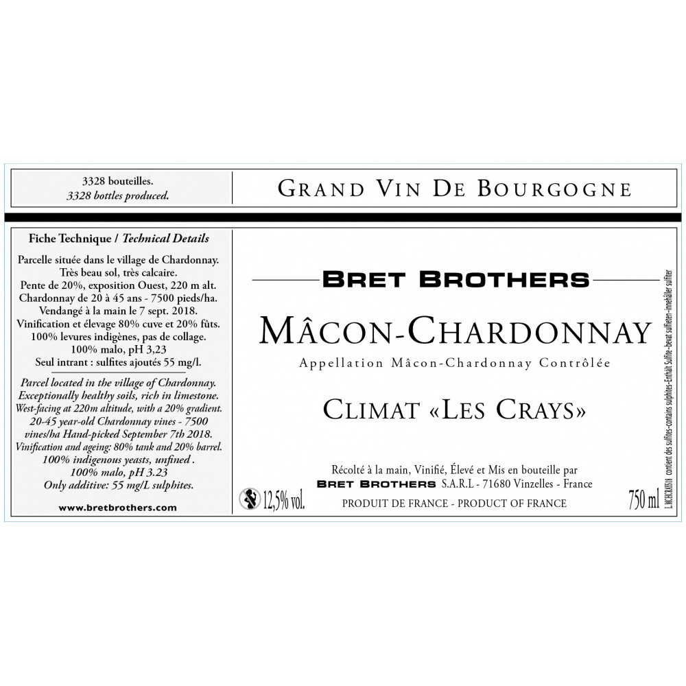 Bret Brothers Mâcon-Chardonnay "Les Crays" blanc sec 2021 etiquette