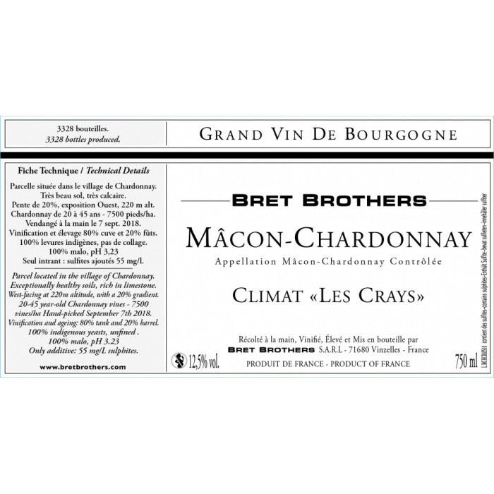 Bret Brothers Mâcon-Chardonnay "Les Crays" blanc sec 2021 etiquette