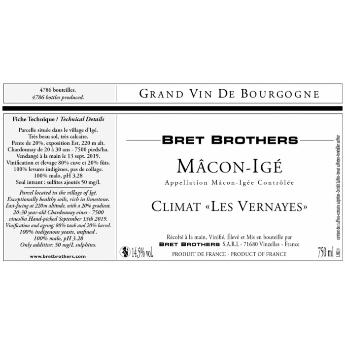 Bret Brothers Mâcon-Igé "Les Vernayes" blanc sec 2021 etiquette