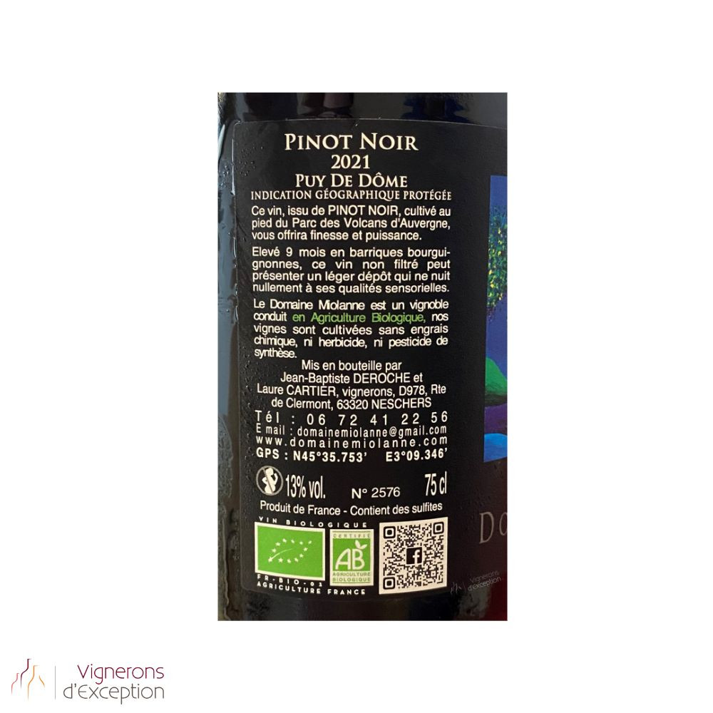Domaine Miolanne IGP Puy de Dôme "pinot noir" rouge 2021 contre etiquette