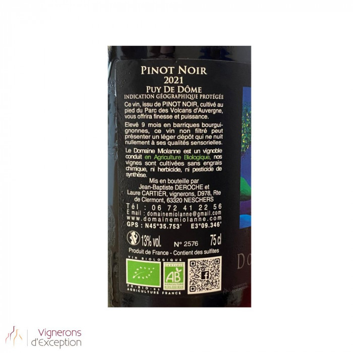 Domaine Miolanne IGP Puy de Dôme "pinot noir" rouge 2021 contre etiquette