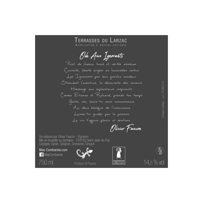 Mas Combarèla Terrasses du Larzac "Ode aux Ignorants" rouge 2020 contre etiquette