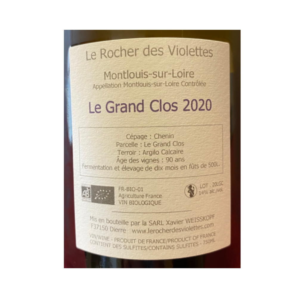 Le Rocher des Violettes Montlouis "le grand clos" blanc sec 2020 contre étiquette