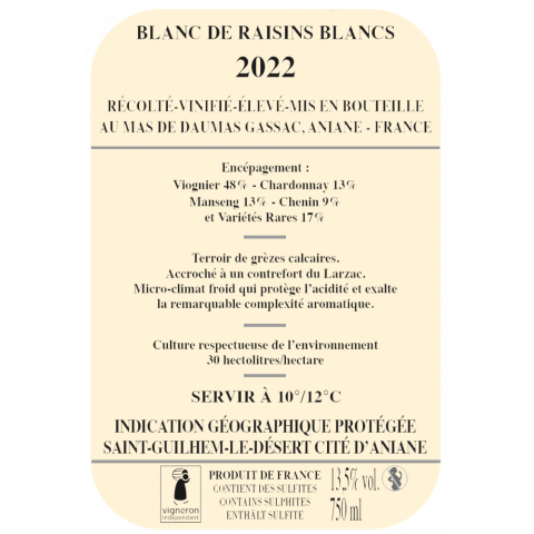 Mas Daumas Gassac blanc 2022 bouteille 2