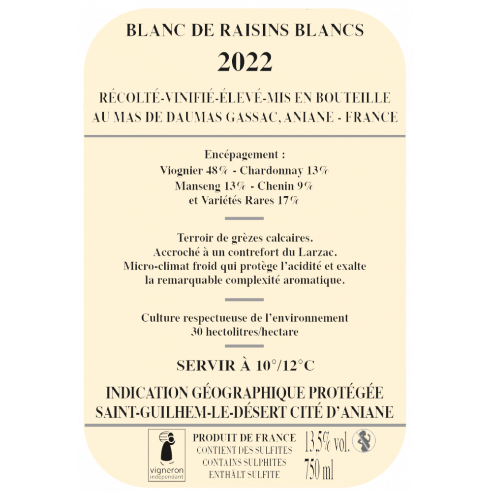 Mas Daumas Gassac blanc 2022 contre etiquette