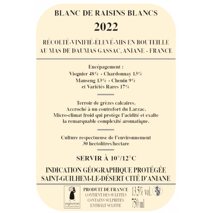 Mas Daumas Gassac blanc 2022 contre etiquette