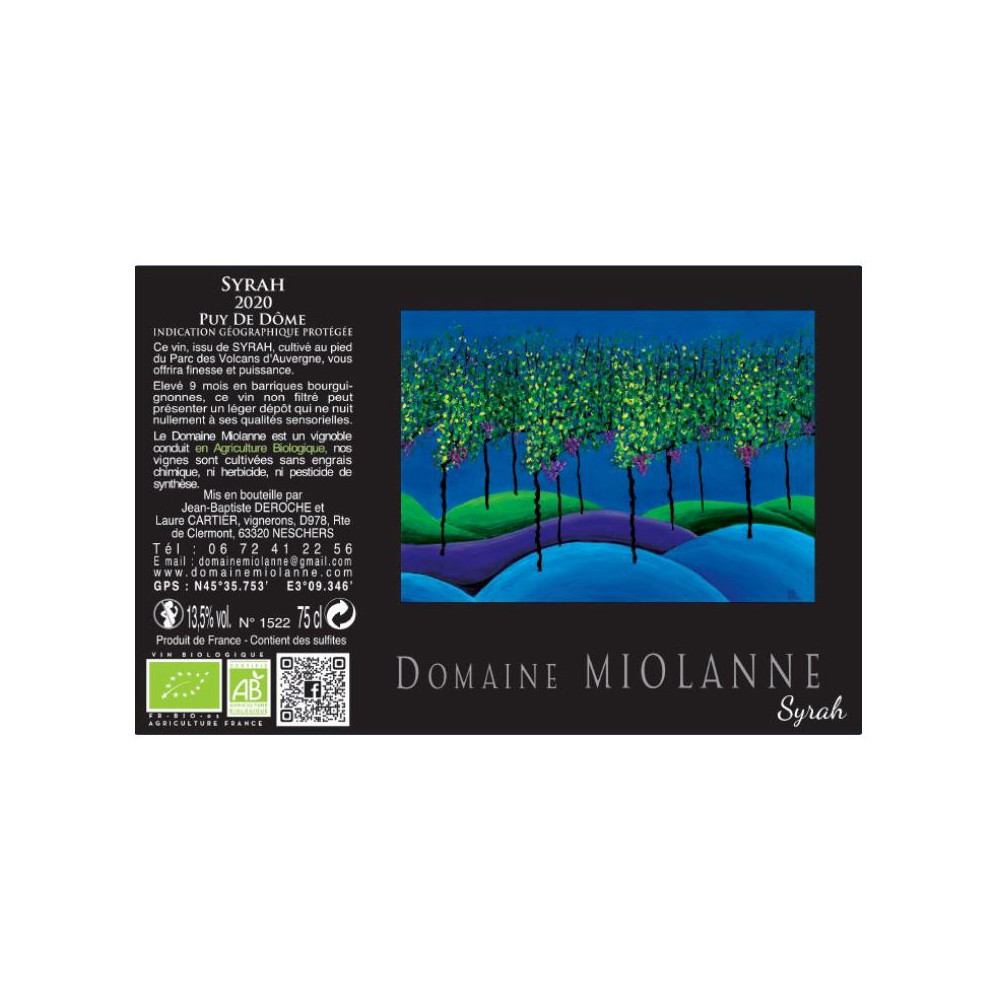 Domaine Miolanne IGP Puy de Dôme "syrah" rouge 2022 etiquette