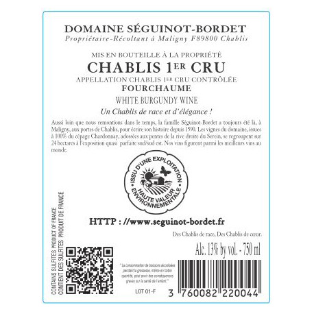 Domaine Seguinot Bordet Chablis 1er Cru "Fourchaume" blanc sec 2022 contre etiquette