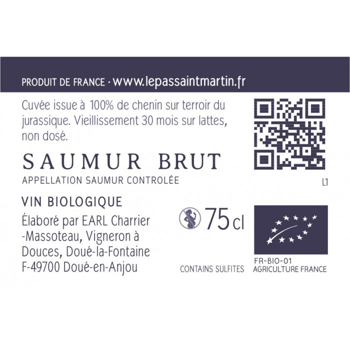 Domaine Le Pas Saint Martin Saumur "Résonance" Brut Non Dosé 2020 contre etiquette