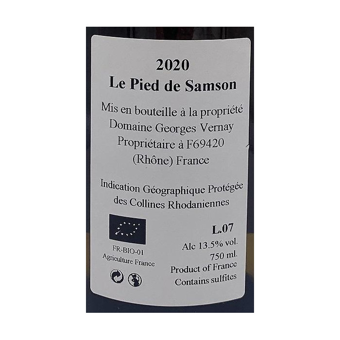 Domaine Georges Vernay "Le Pied de Samson" (Viognier) blanc sec 2020 contre etiquette