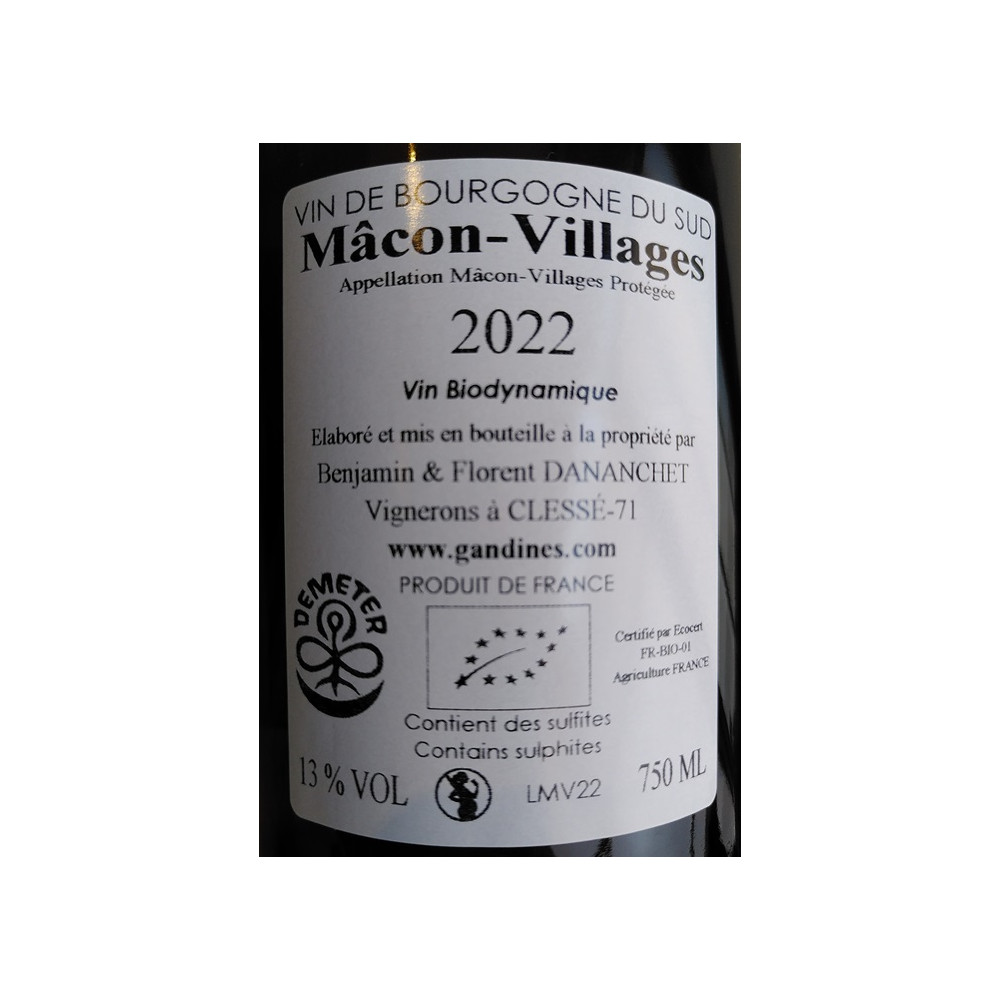 Domaine des Gandines Mâcon Villages blanc sec 2022 contre etiquette