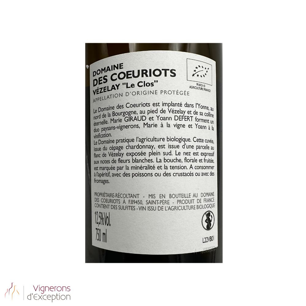 Domaine des Coeuriots Vézelay "Le Clos" dry white 2022
