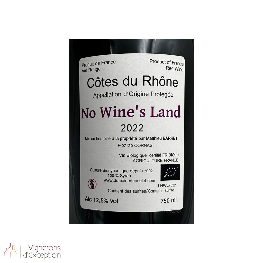 Domaine du Coulet Matthieu Barret Côtes du Rhône "No Wine's Land" rouge 2022 etiquette