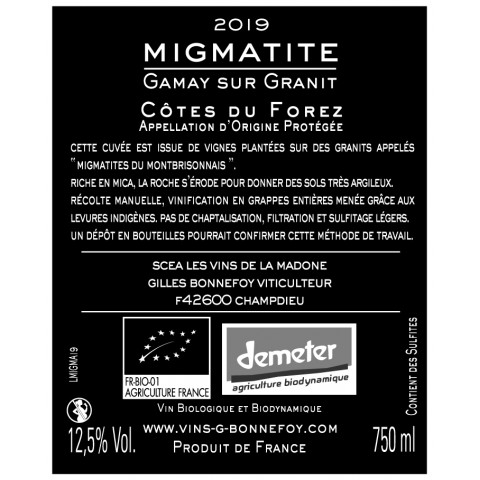 Les Vins de la Madone Cotes du Forez migmatite red 2022