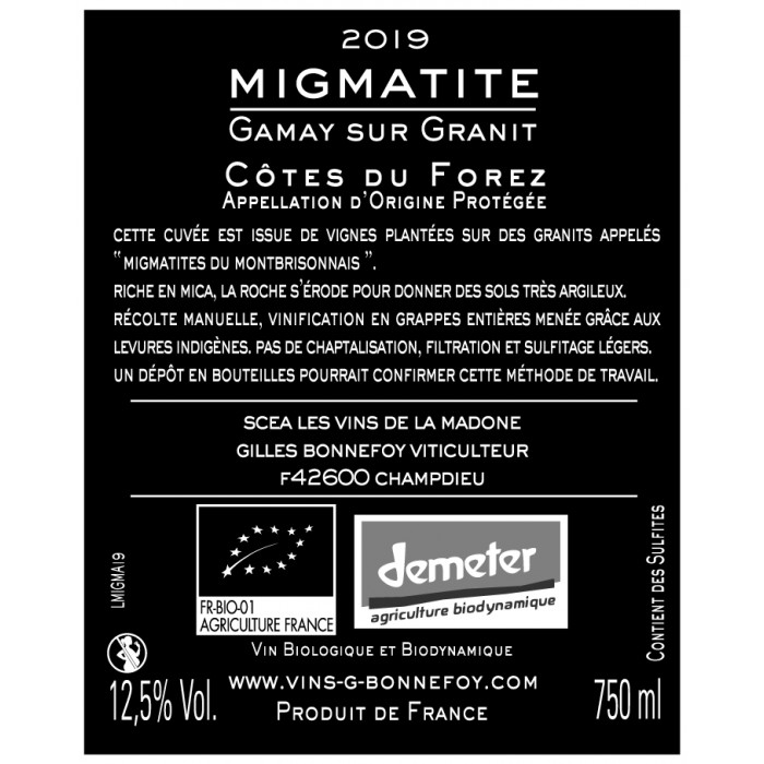 Les Vins de la Madone Cotes du Forez migmatite rouge 2023 contre etiquette 2019