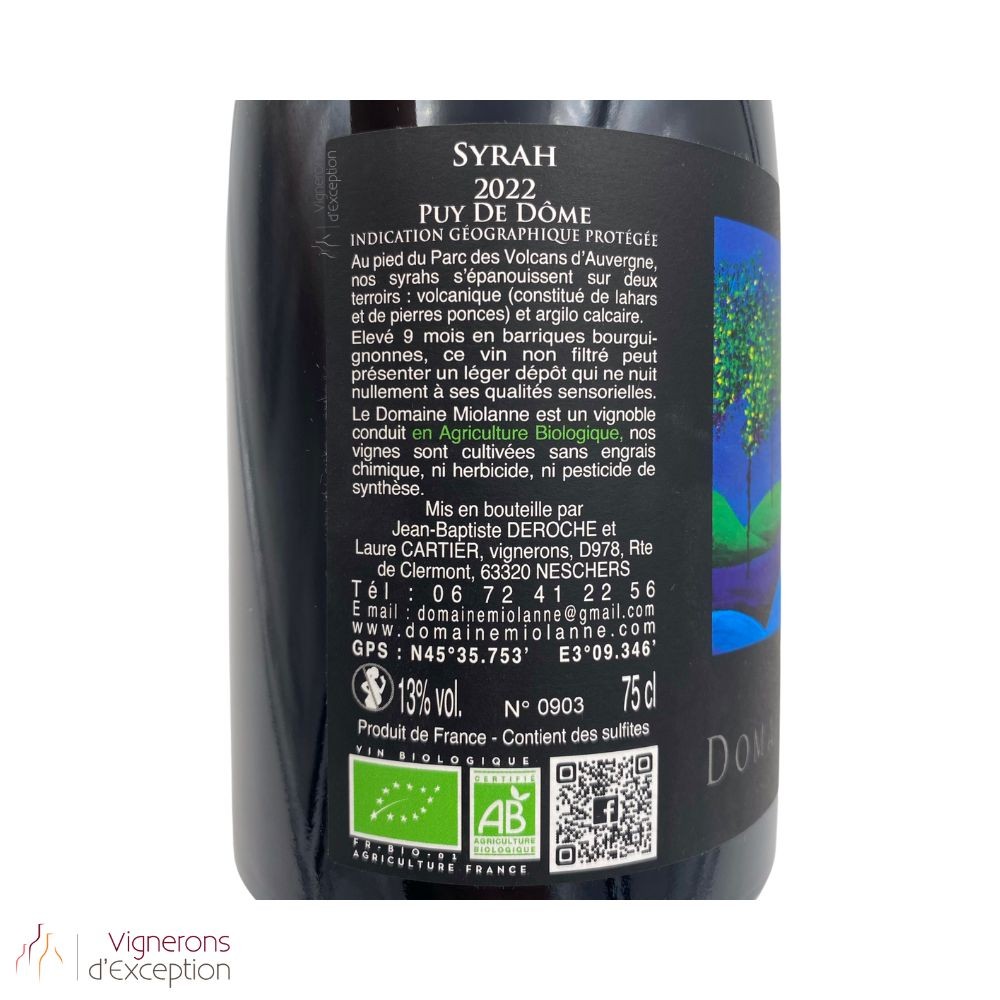 Domaine Miolanne IGP Puy de Dôme "syrah" rouge 2022 contre etiquette
