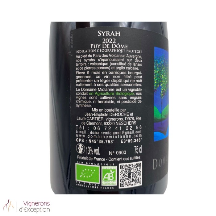 Domaine Miolanne IGP Puy de Dôme "syrah" rouge 2022 contre etiquette