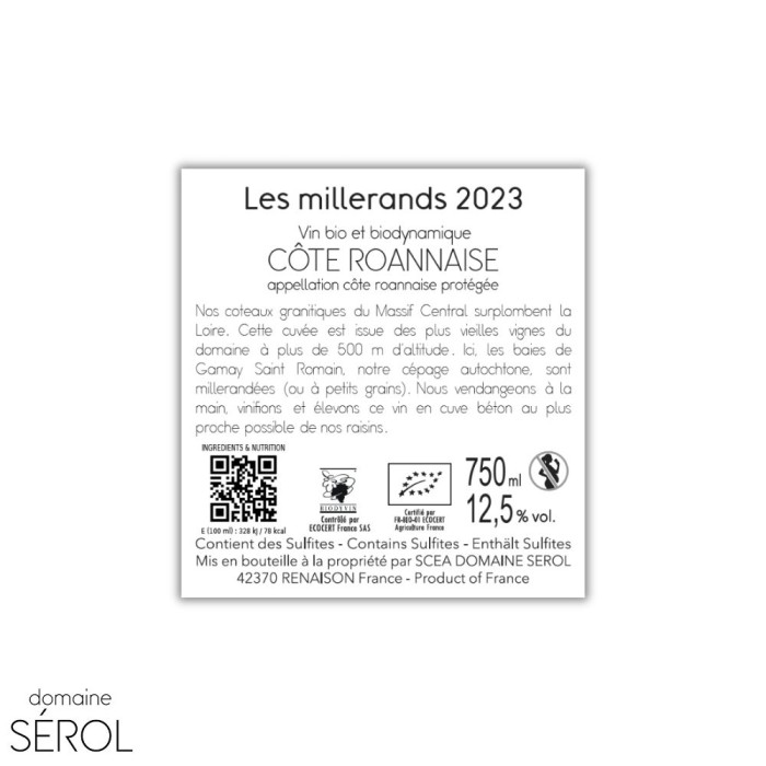 Domaine Sérol Côte Roannaise "Millerands" rouge 2023 contre etiquette