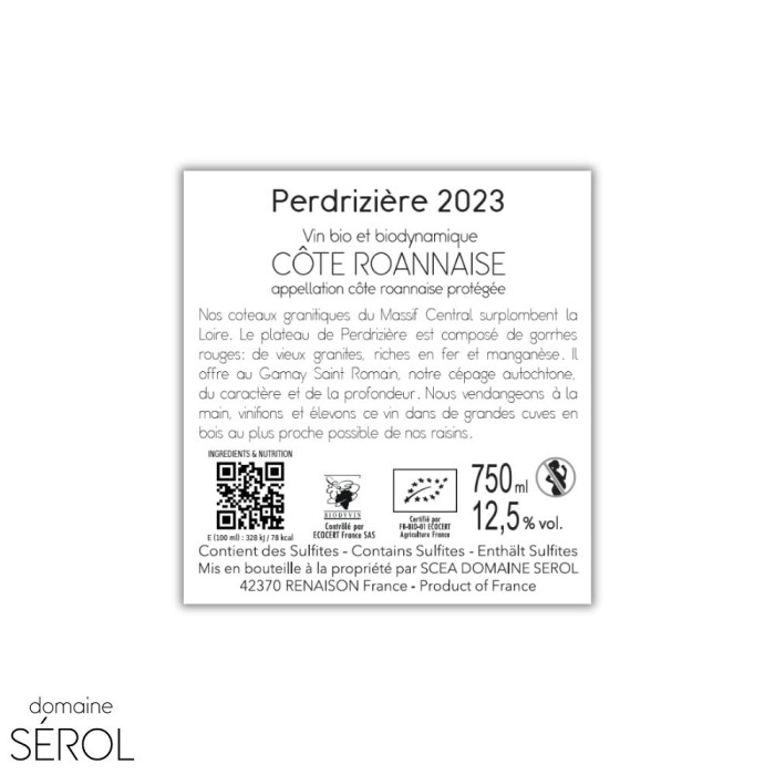 Domaine Sérol Côte Roannaise "Perdrizière" rouge 2023 contre etiquette