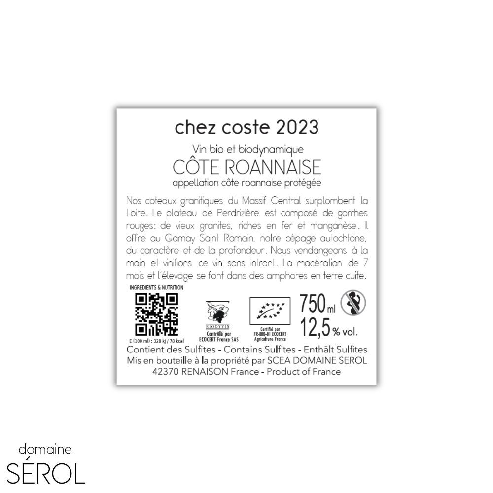 Domaine Sérol Côte Roannaise "Chez Coste" rouge 2023 contre etiquette