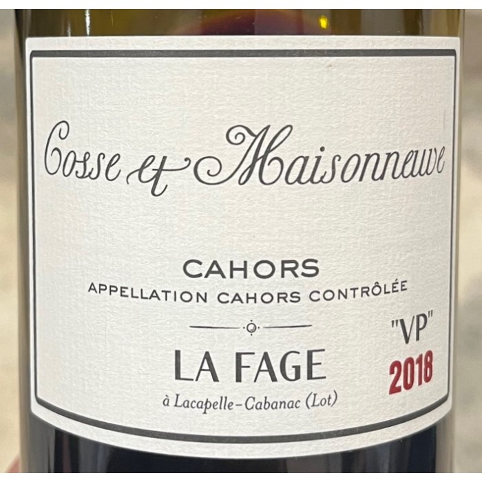 Domaine Cosse-Maisonneuve Cahors "La Fage" VP rouge 2018 etiquette