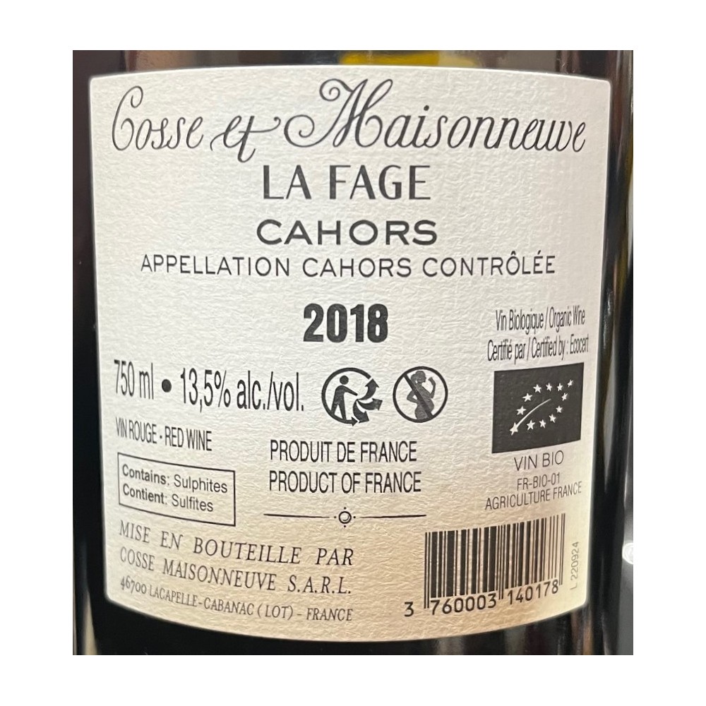 Domaine Cosse-Maisonneuve Cahors "La Fage" VP rouge 2018 contre etiquette