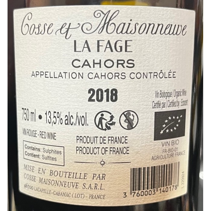 Domaine Cosse-Maisonneuve Cahors "La Fage" VP rouge 2018 contre etiquette