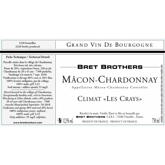 Bret Brothers Mâcon-Chardonnay "Les Crays" blanc sec 2023 etiquette