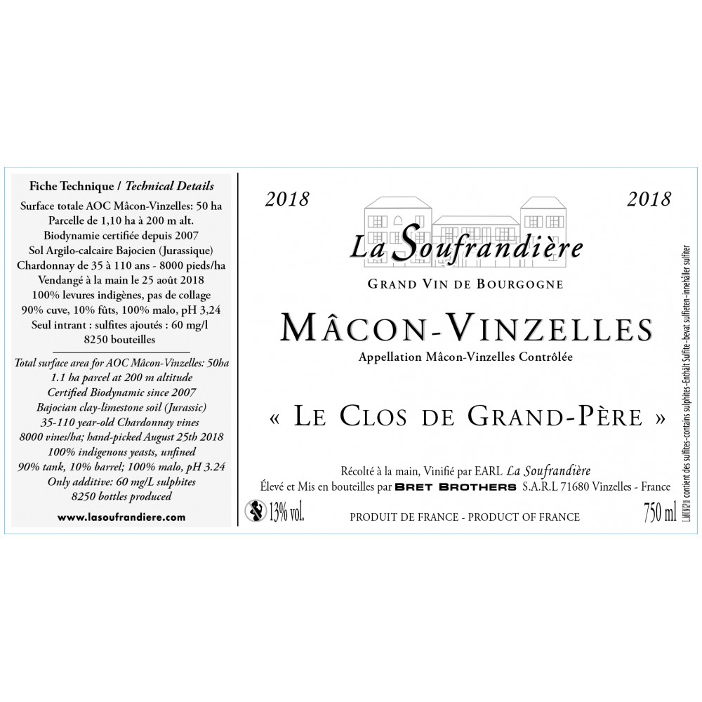 Bret Brothers La Soufrandière Mâcon-Vinzelles "Le Clos de Grand Père" blanc sec 2023 etiquette