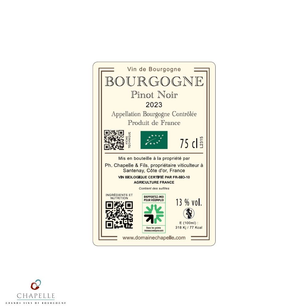 Domaine Chapelle Bourgogne "Pinot Noir" rouge 2023 contre etiquette