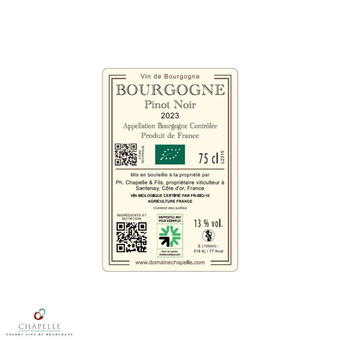 Domaine Chapelle Bourgogne "Pinot Noir" rouge 2023 contre etiquette
