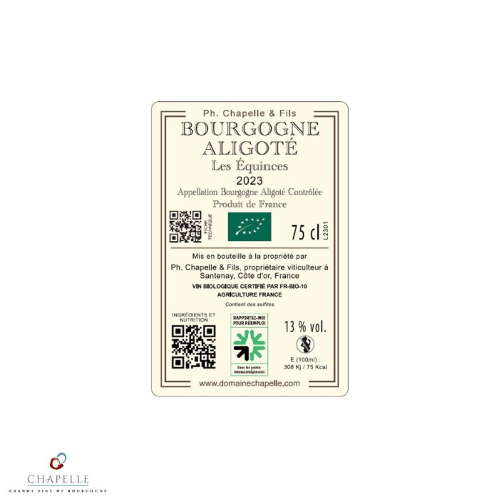 Domaine Chapelle Bourgogne aligoté "Les Equinces" dry white 2023