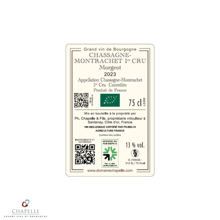 Domaine Chapelle Chassagne-Montrachet 1er Cru "Morgeot" rouge 2023 contre etiquette