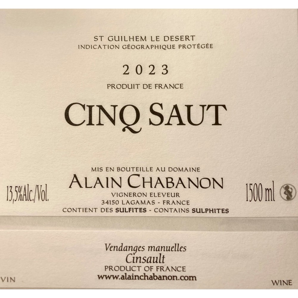 Domaine Alain Chabanon IGP "Cinq Saut" rouge 2023 etiquette