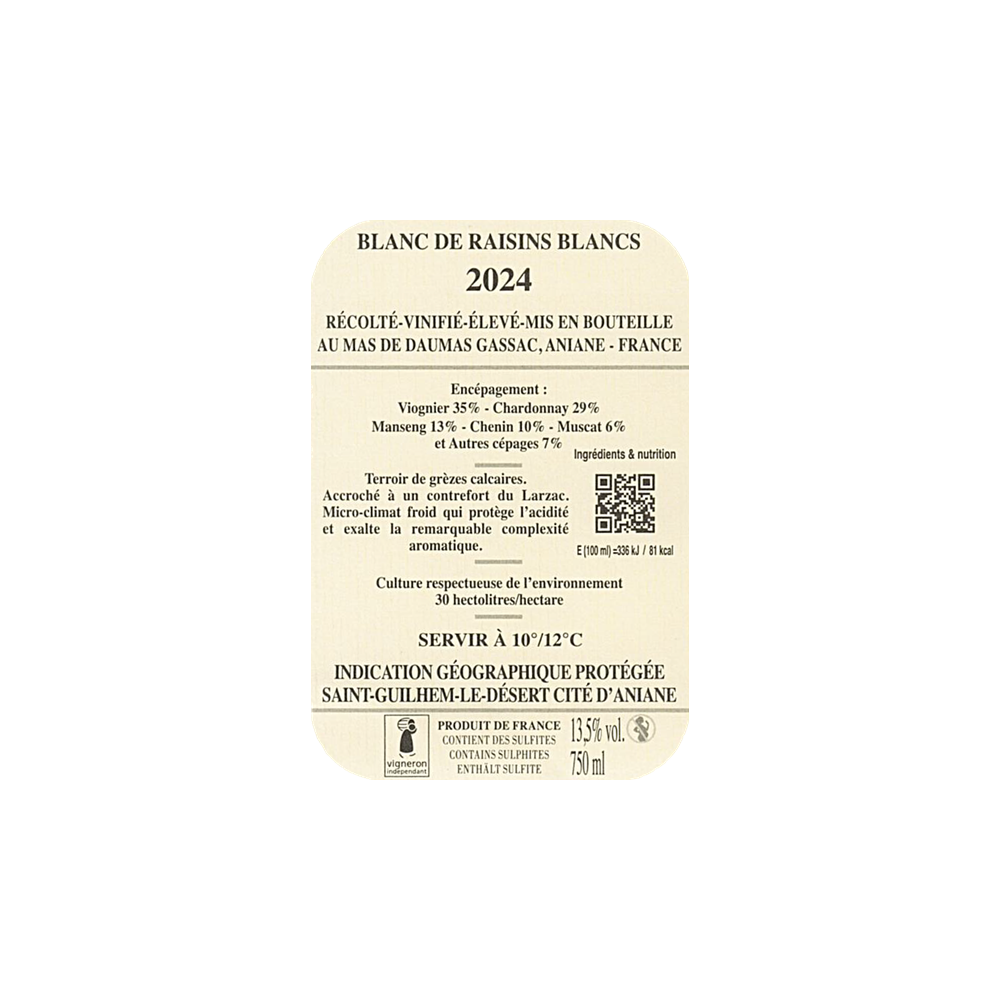 Mas de Daumas Gassac blanc 2024 contre etiquette