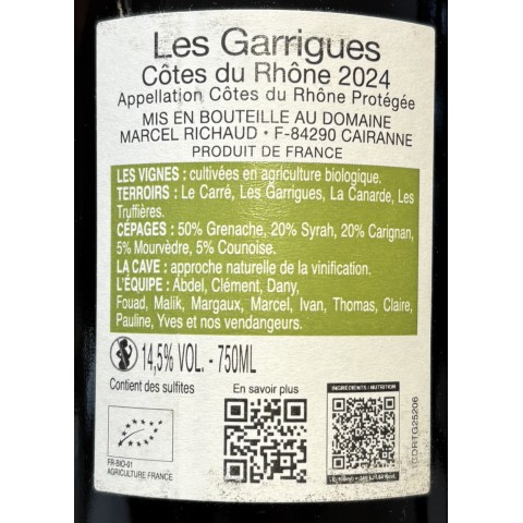 Domaine Richaud Côtes du Rhône "Les Garrigues" rouge 2024 bouteille 2