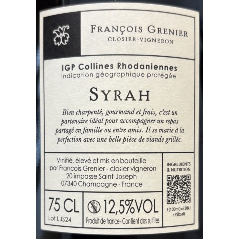 Domaine François Grenier Les Jardins (syrah) rouge 2024 bouteille 2