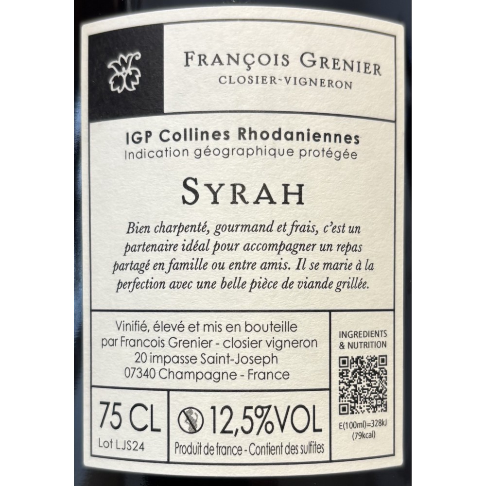Domaine François Grenier Les Jardins (syrah) rouge 2024 contre étiquette