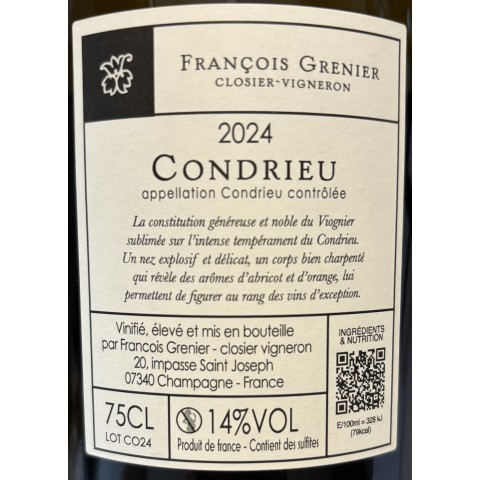 Domaine François Grenier Condrieu "Signature" blanc 2024 bouteille 2